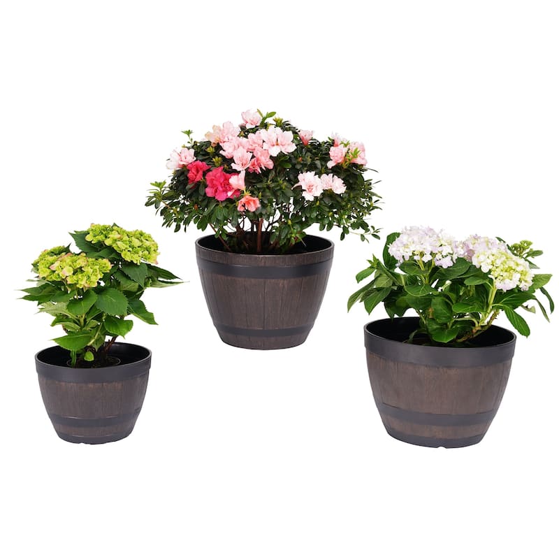 Javlergo (9"/11.3"/13") 3-Pack Planter, Plastic Whiskey Barrel Planter Decoration Flower Pots with Drainage Holes & Saucer - 13"