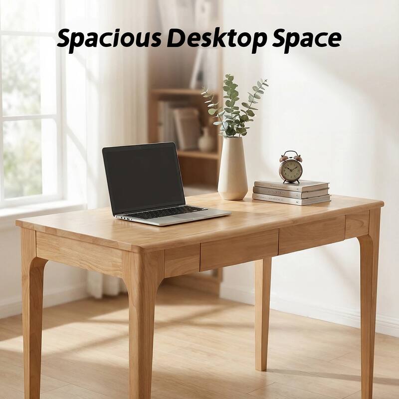 Anmytek Natural Solid Wood Writing Desk with Storage Drawers Mid Century Modern Home Office Workstation for Small Spaces