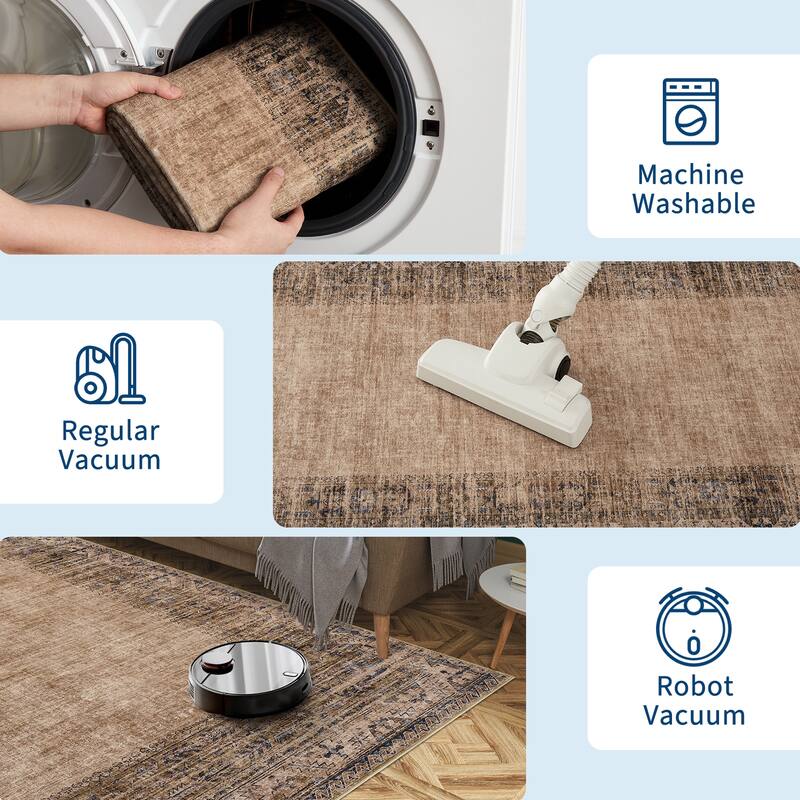 Vintage Bordered Area Rug Washable Area Rug Non-Slip Low Pile Throw Carpet for Living Room Bedroom Dining Room
