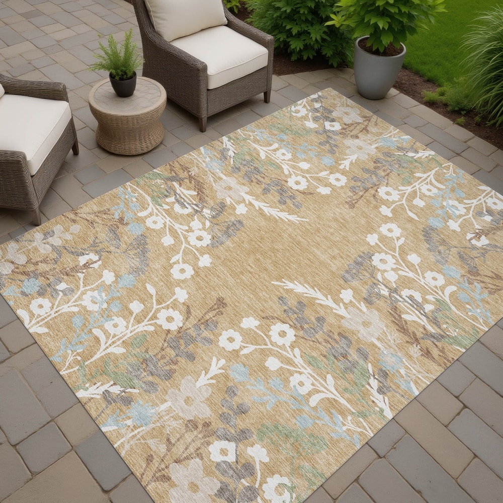 Machine Washable Indoor/ Outdoor Floral Border Chantille Rug