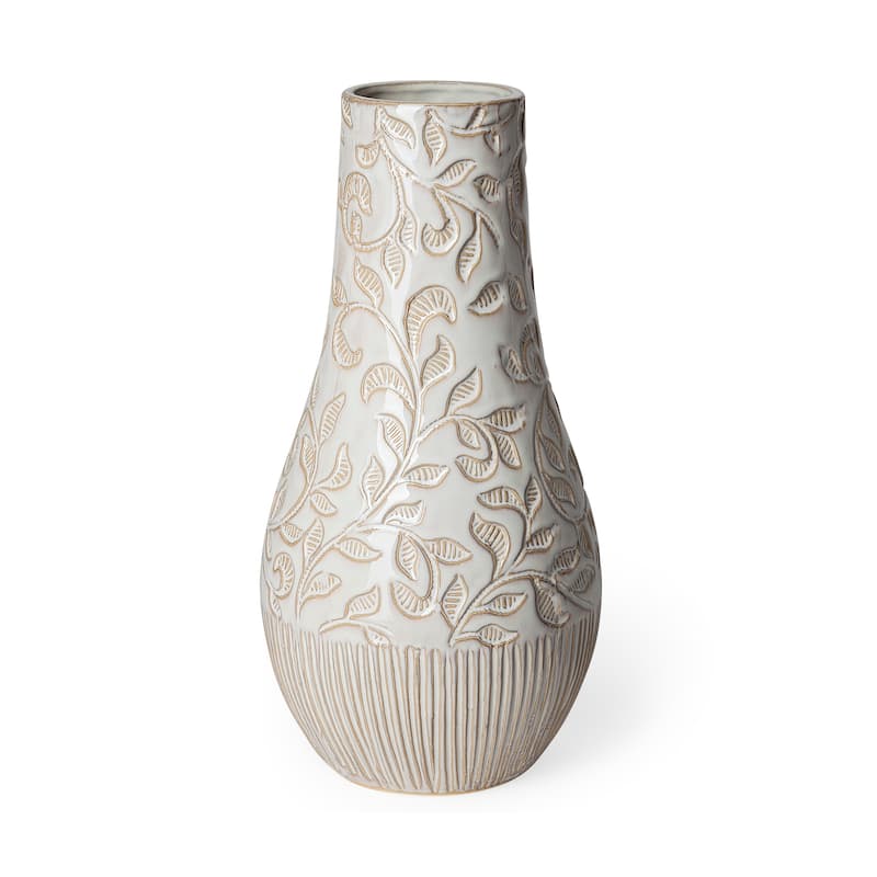 Jadiza I Small White Glaze Floral Patterned Ceramic Vase