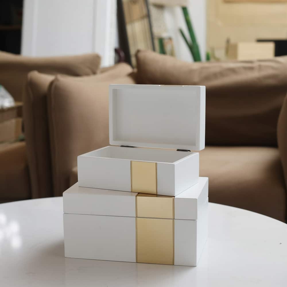 White Wooden Decorative Box with Golden Band Accent (Set of 2)