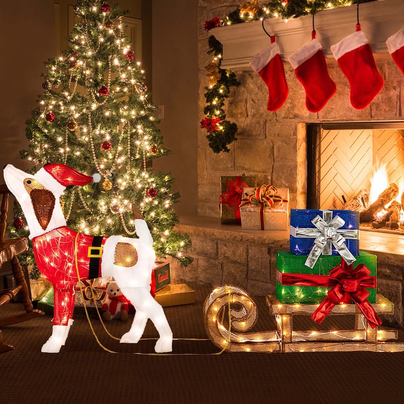 Costway Pre-Lit Christmas Dog Sleigh & Gift Boxes Combo Xmas - See Details