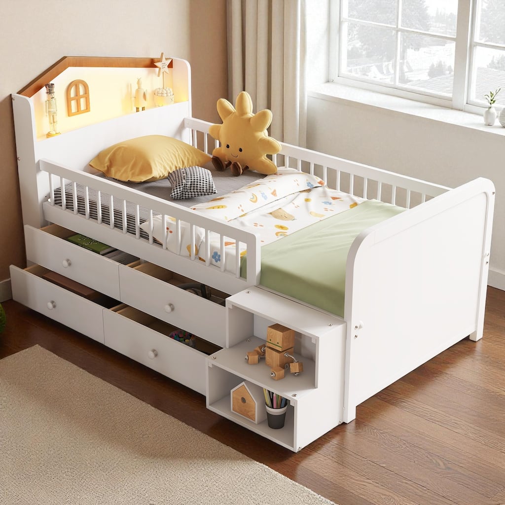 Twin Size Low Loft Bed with LED Light, Wooden Kids Loft Bed with Storage Drawers and House Headboard