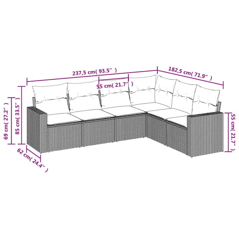 vidaXL Patio Sofa Set with Cushions Outdoor Conversation Furniture Poly Rattan - 25.8" x 24.4" x 27.2"