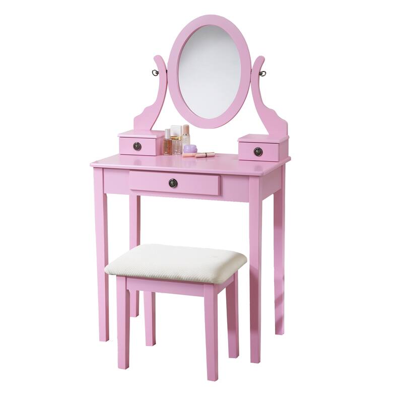 Bedroom Makeup Vanity Desk and Stool Set, Vanity Set Includes Dressing Table, Swivel Adjustable Oval Mirror and Stool