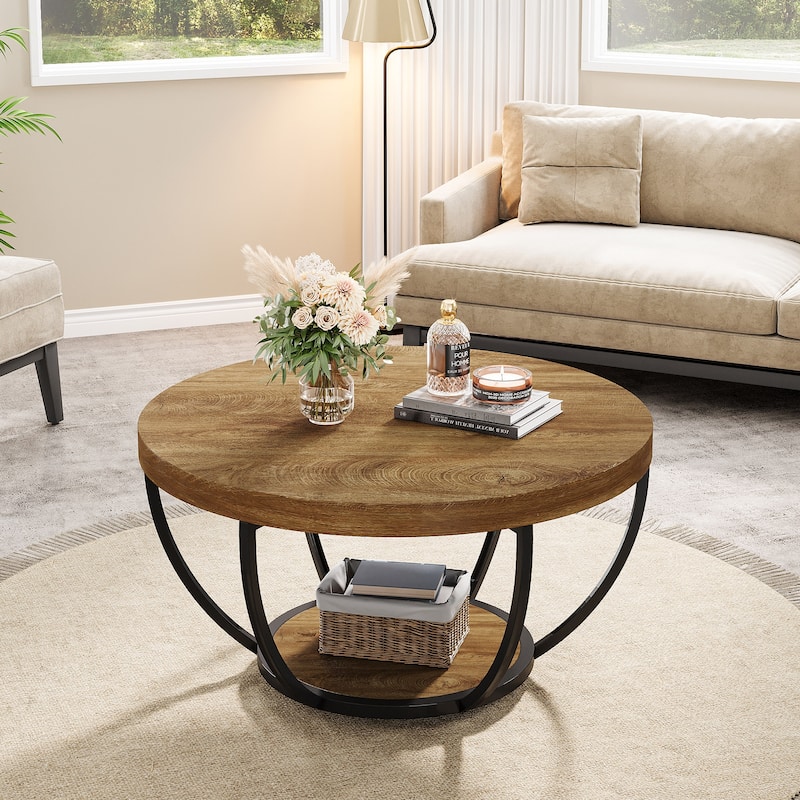 31.7" Round Coffee Table, Rustic 2-Tier Center Table with Storage Open Shelves