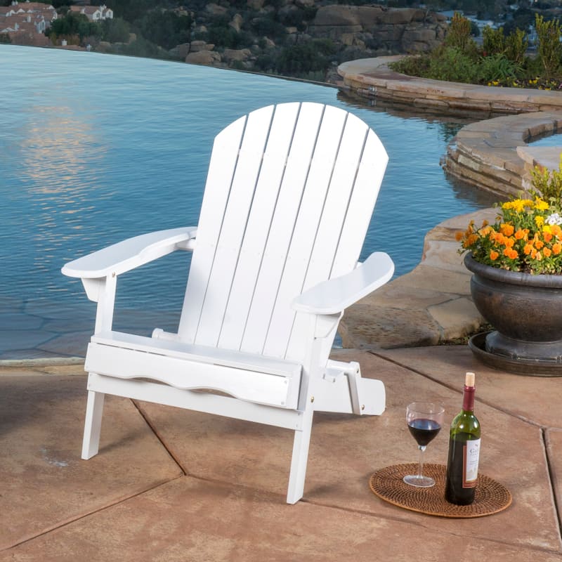 Roomfitters Foldable Adirondack Chair with Pull-Out Ottoman, Solid Wood Outdoor Recliner - White