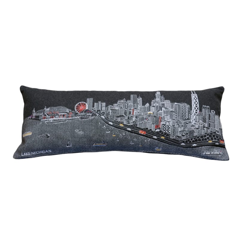 HomeRoots 35" Black Chicago Nighttime Skyline Lumbar Decorative Pillow