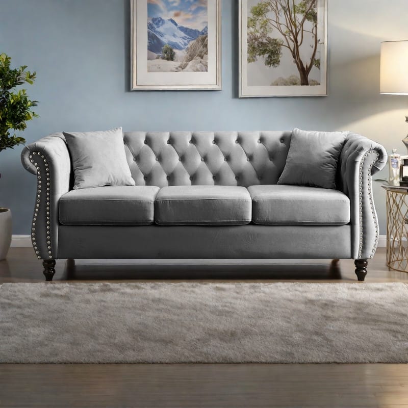 80" Velvet Chesterfield 3-Seater Sofa with Tufted Design, Nailhead Trim, and 2 Pillows - Grey