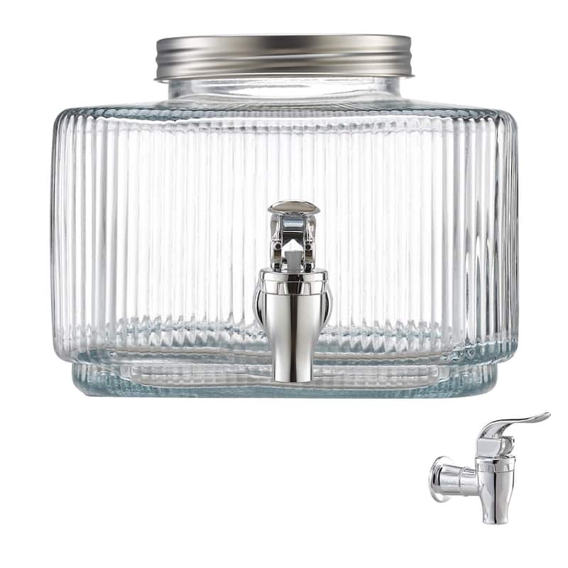 Transparent Glass Single Cylinder Beverage Dispenser with No Drip Spigot and Lid - 7.09 x 7.09 x 5.9 in