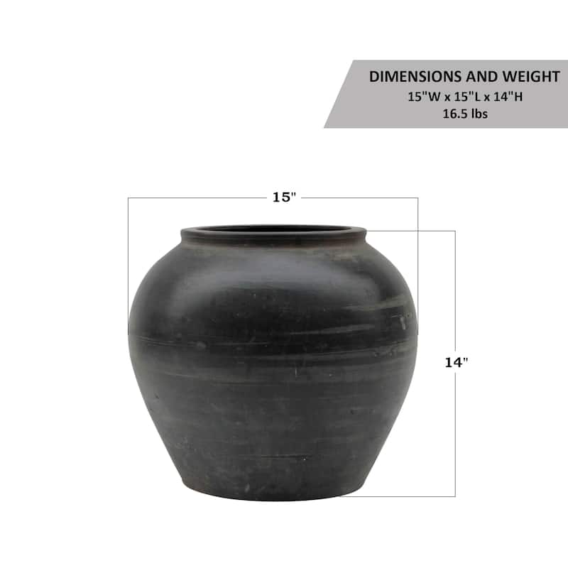 Artissance Large Vintage Charcaol/Gray pottery Jar, 15 Inch Diameter, Gray (Size & Finish Vary) - 15"W x 15"L x 14"H