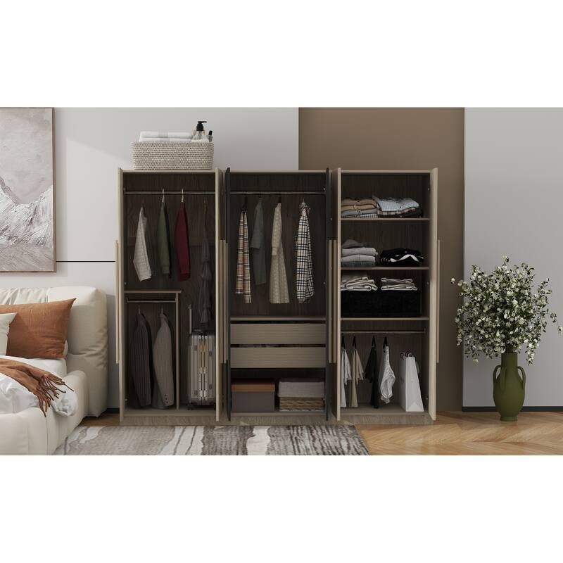 Large 6-Door Wardrobe Armoire, Wooden Two-Tone Armoire with 2 Drawers, Clothes Rail Freestanding Bedroom Armoire Closet
