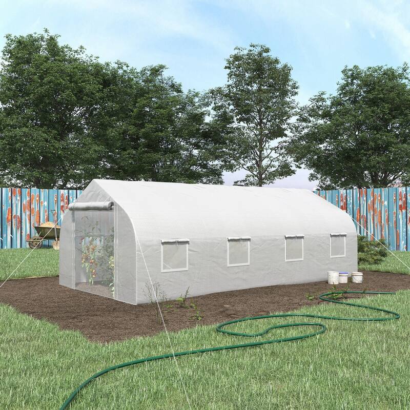 Outsunny 20' x 10' x 7' Walk-In Greenhouse, Outdoor Gardening Canopy Hot House with 8 Roll-up Windows - Grow Tent