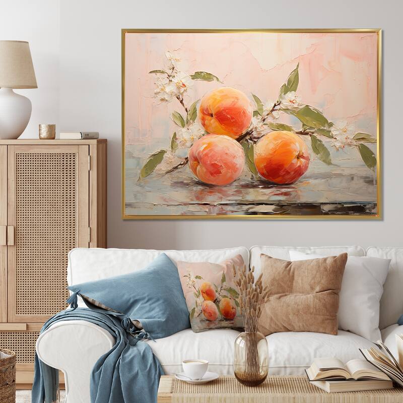Designart "Fruit Abstract Peach" Food & Beverage Framed Canvas Prints - 44 in. wide x 34 in. high - Black