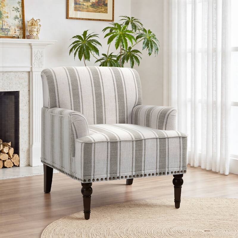 Striped Upholstered Linen Armchair with Brass Nailhead Trim