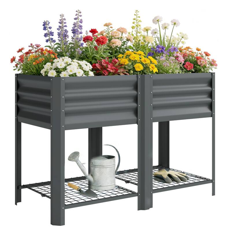 Outsunny Galvanized Steel Raised Garden Bed with Storage Shelf and Bed Liner, Elevated Planter Box with Legs