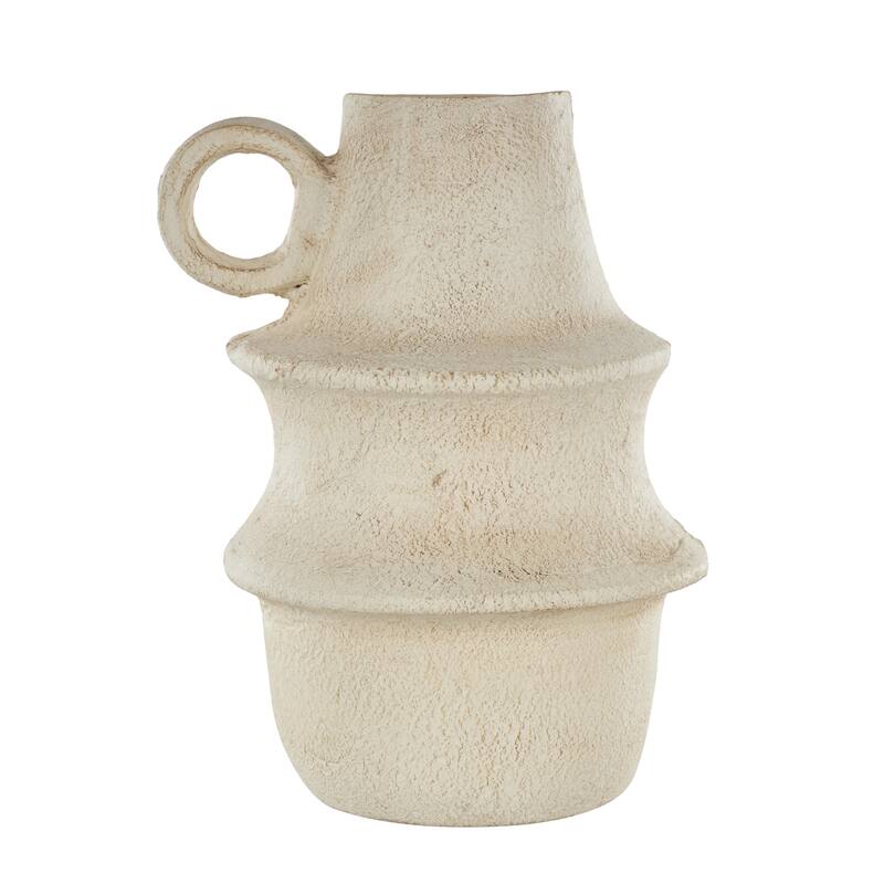 Cream Paper Mache Fluted Decorative Vase with Brown Distressed Texturing and Ring Handle