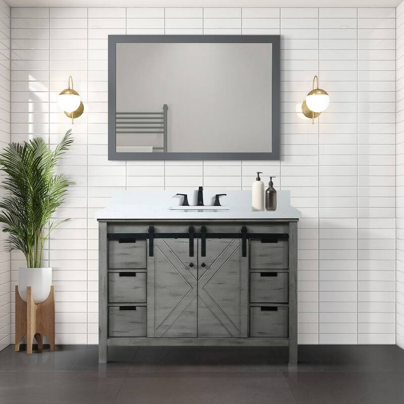Marsyas 48 in W x 22 in D White Bath Vanity, Grey Quartz Countertop, Faucet Set and 44 in Mirror