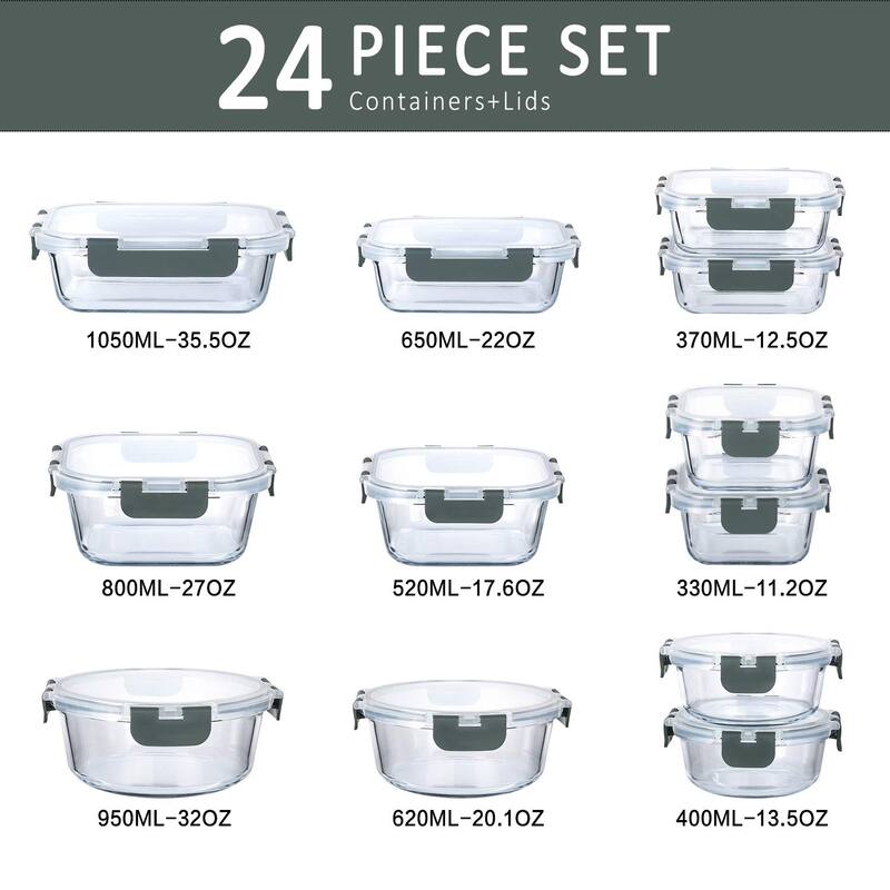 24-Piece Glass Food Storage Containers with Upgraded Snap Locking Lids,Glass Meal Prep Containers Set