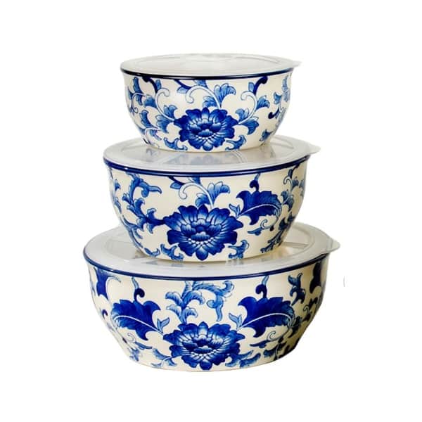 Euro Ceramica Blue Garden 3 Piece Storage Bowl Set with Lids