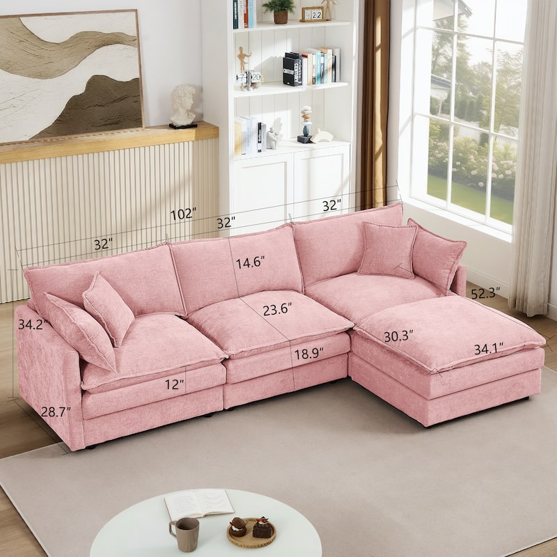 3-Seater Modular Sofa Cloud Couch with Ottoman, 102 Inch L Shaped Sectional Sofa Set for Living Room, DIY Combination Sofa