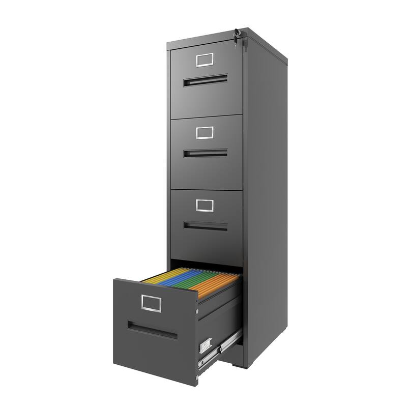 Modern Narrow Vertical File Cabinet, 4 Drawers Filing Cabinet with Lock, for Office and Home Use, Black