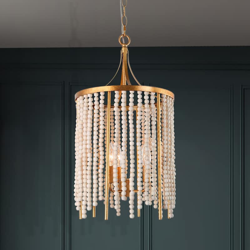 Alisar Mid-century Modern Mini Boho Kitchen Island Pendant with Distressed White Wood Beads - D 12.5"x H 23" - 3-Light