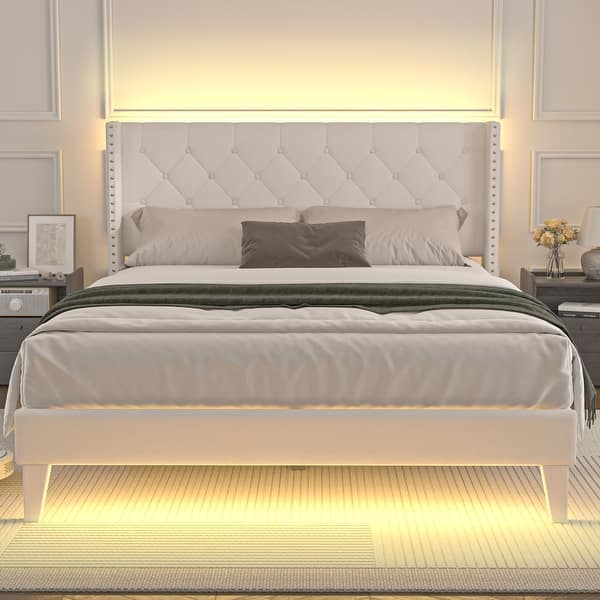 Queen Size Velvet Platform Bed Frame with LED Lights and Storage - Bed ...