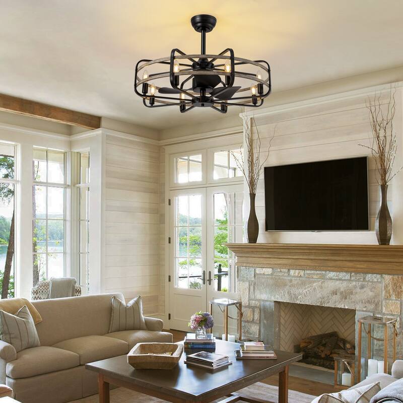 Industrial Black Caged Vintage Chandelier Ceiling Fan with Lights and Remote Control