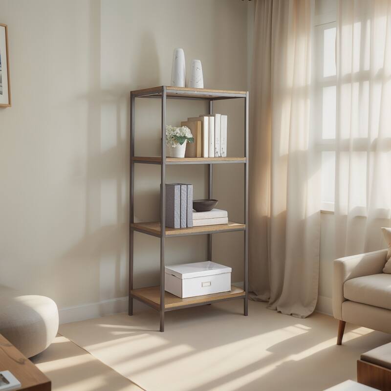 Caffoz 4-Tier Rustic Industrial Bookshelf Open Shelf Bookcase, Modern Wood Storage Shelf for Living Room, Office & Bedroom