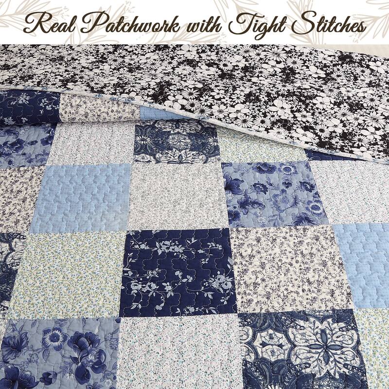 Cozy Line Azure Blue Floral Garden Patchwork 3 Piece Cotton Quilt Bedding Set