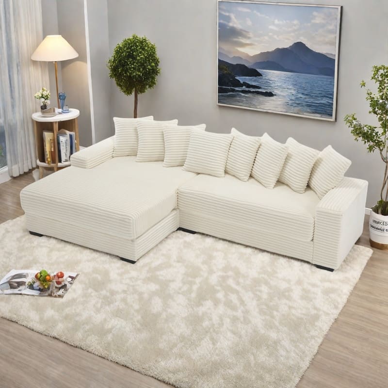 111" Corduroy L-Shape Sectional Sofa with Left Chaise, 8 Throw Pillows and Square Armrests