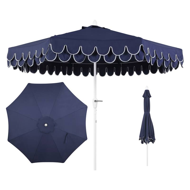 9ft Fringe Patio Umbrella Auto-Tilt, Crank, by JONATHAN Y - Navy//White Pole