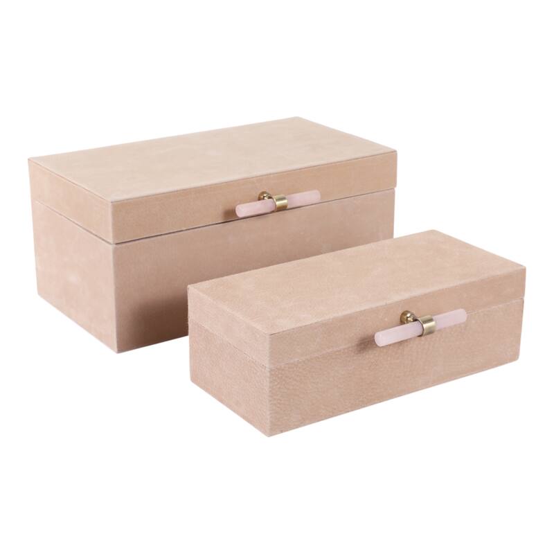 Wood Decorative Boxes with Stone Handle and Lid (Set of 2) - 4/7" Tan - 14" x 8" x 6"