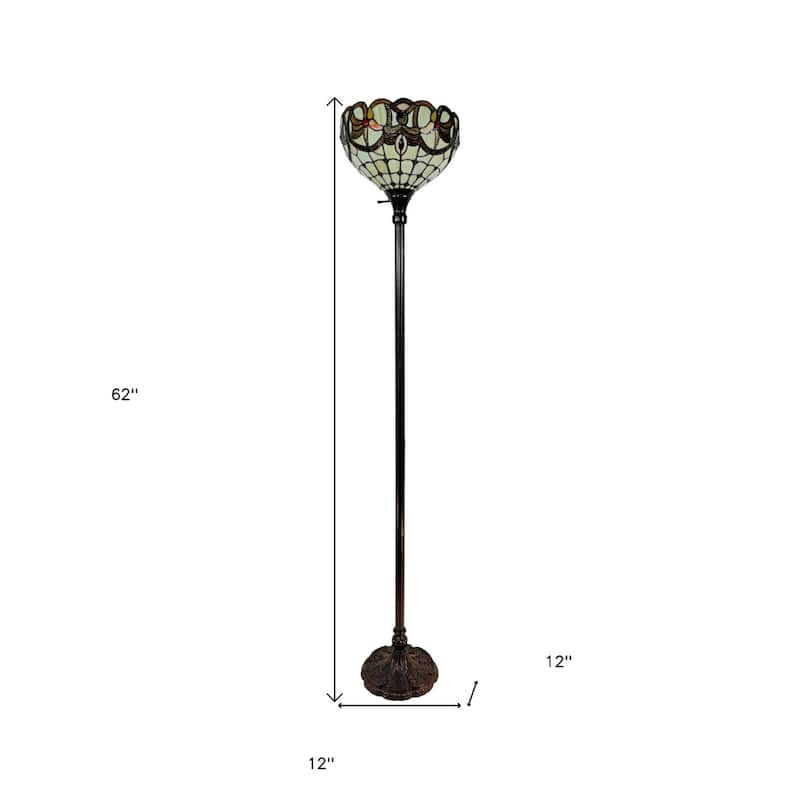 Beige Metal Torchiere Floor Lamp with Red White Stained Glass Shade - 12” x 12” x 62” (D x W x H)