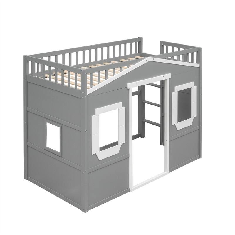 Solid Wood House Loft Bed with Window Design and Ladder, Twin/Full Size Playhouse Bed Loft Bed Frame with Guardrail for Kids
