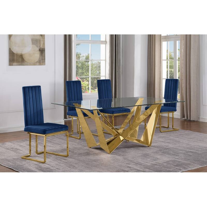 Best Quality Furniture D400/1-SC340-7 Dining Set with 78" 12mm Glass with Bevel - 5-Piece - Navy Blue / Gold