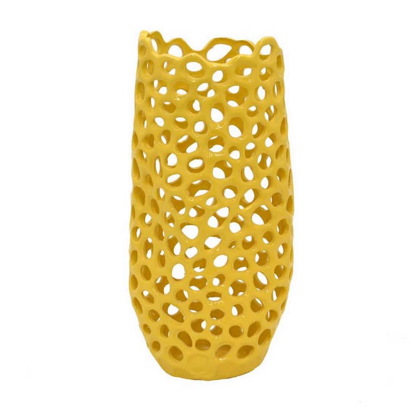 Kifa Flower Vase, Modern Cutout Textured Look, 15 Inch Yellow Ceramic