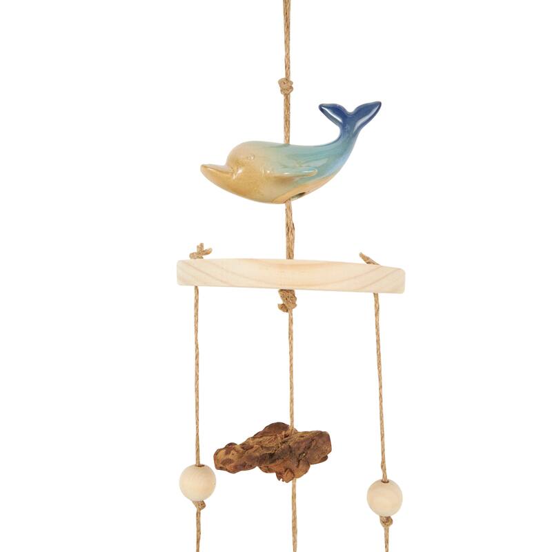 Blue Ceramic Handmade Ombre Whale Windchime with Driftwood and Bead Accents