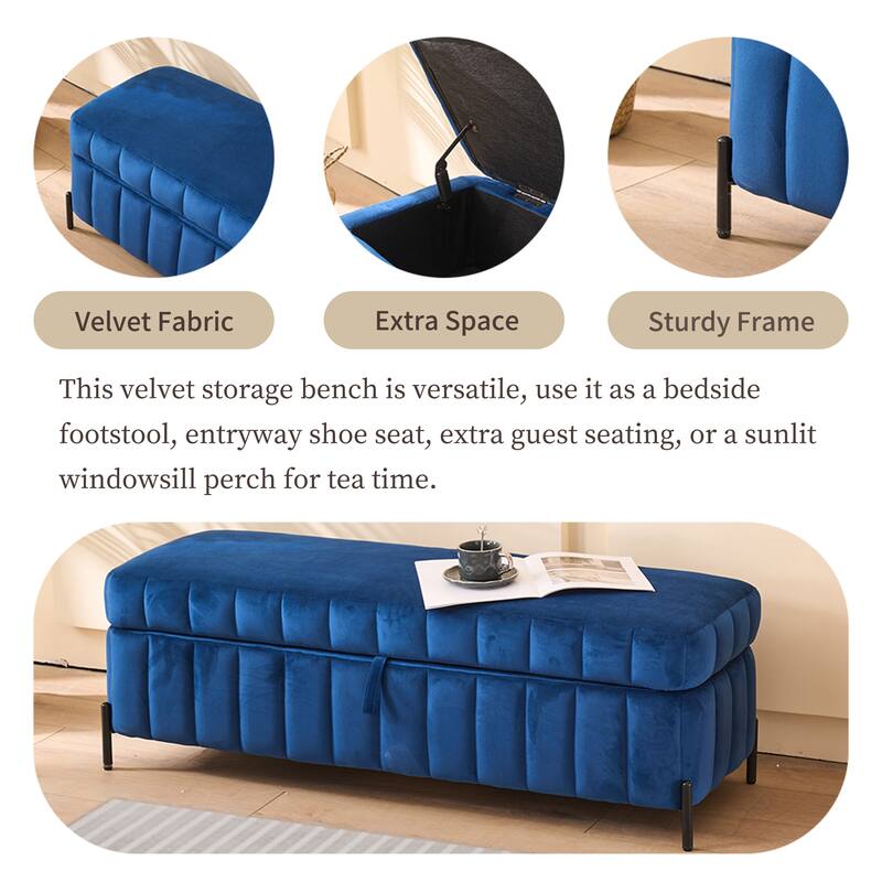 Velvet Storage Bed Bench with Hidden Compartment, Black Legs, 275LB