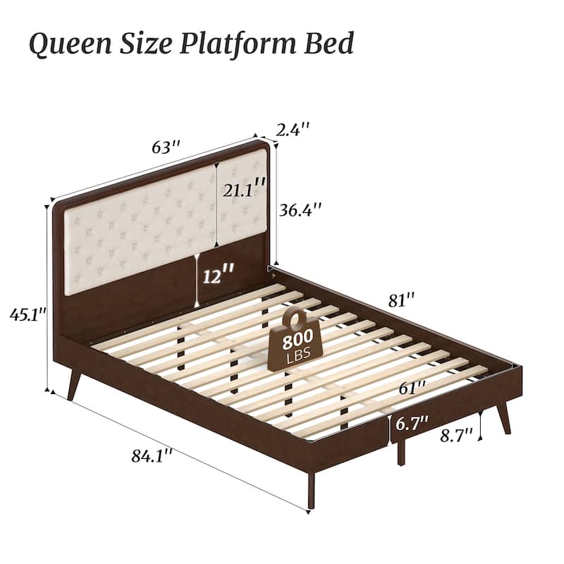 Solid Wood Full/Queen/King Size Platform Bed Frame with Upholstered Tufted Headboard