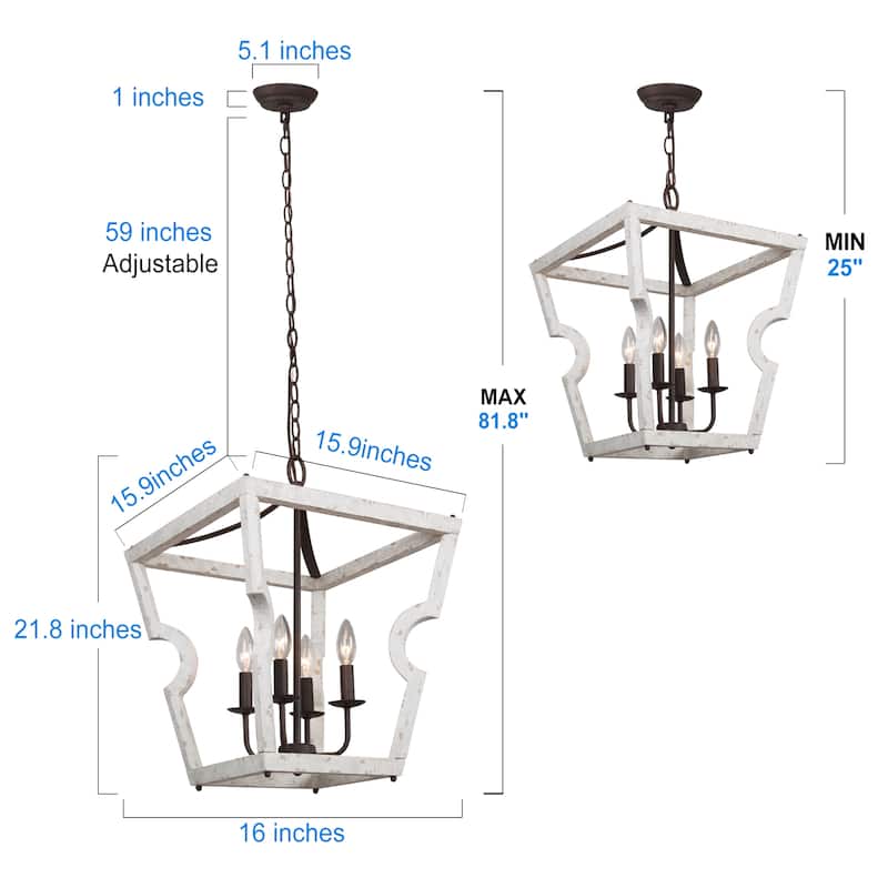 Farmhouse 4-light Wood Drum Chandelier Geometric Cage Hanging Pendant Lights Entryway - D 16'' x H 82''
