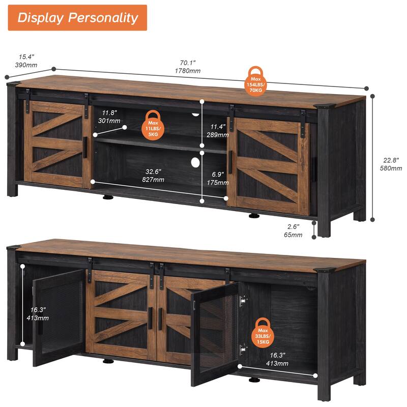 Sliding Barn Door TV Stand Cabinet, Entertainment Center for 75" TV