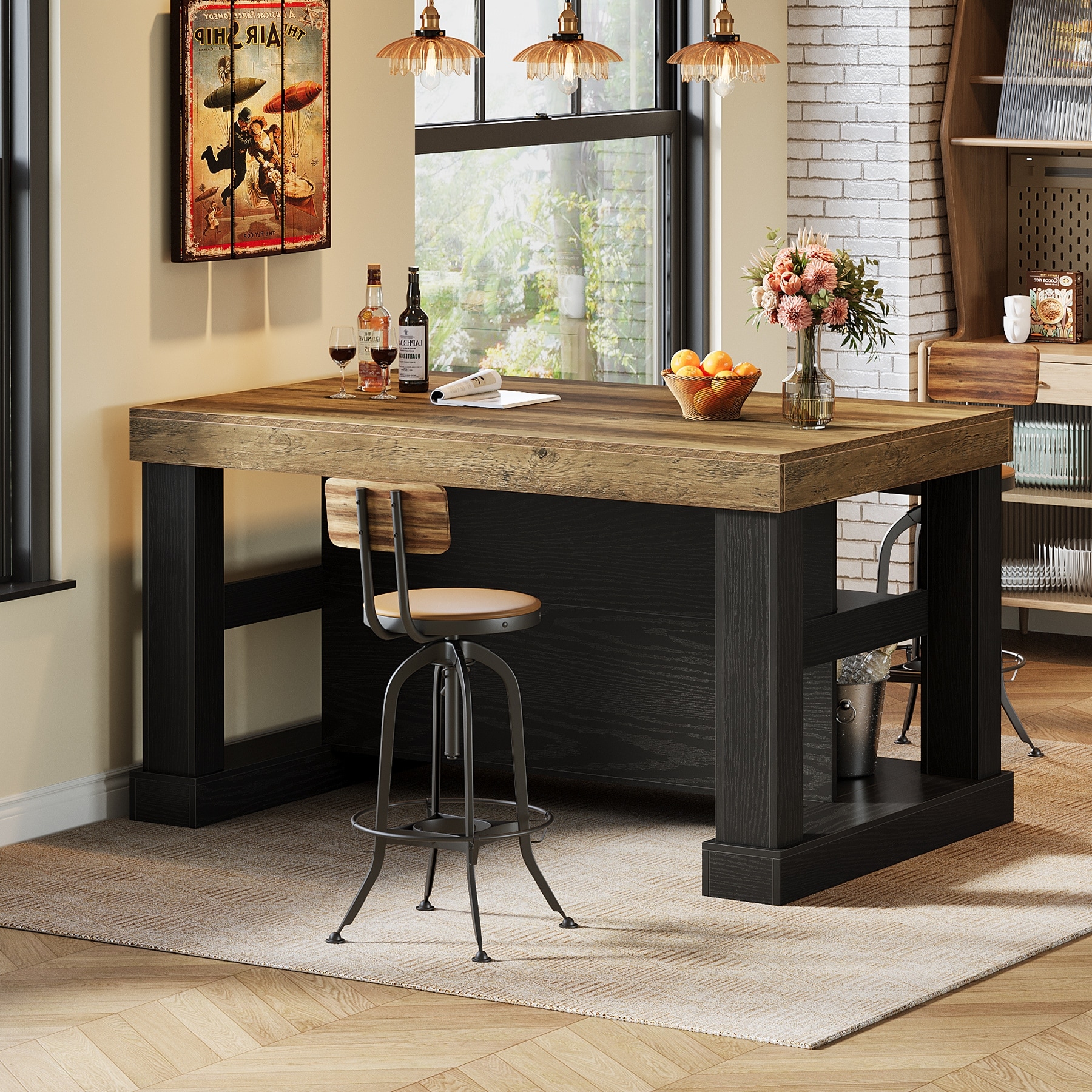 55-Inch Large Home Bar Unit, 3-Tier Pub Table with Storage Shelves - N/A