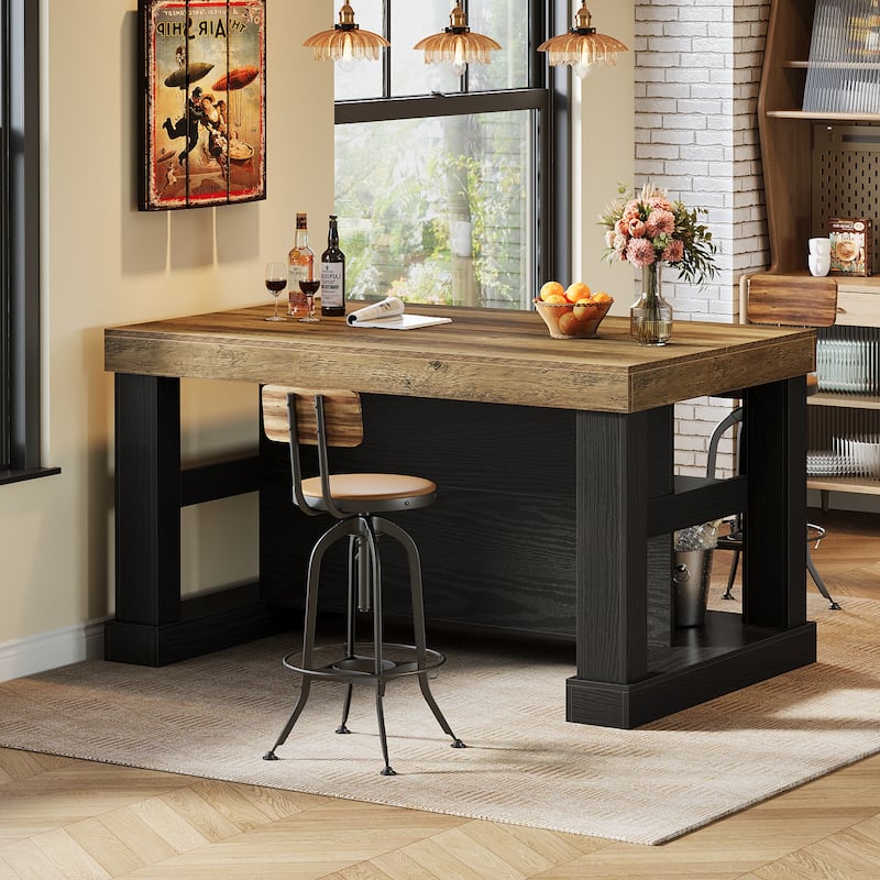 55-Inch Stationary Kitchen Island with Seating and Storage Shelves & Large Worktop, Farmhouse Style - 31.5"D x 55.12"W x 35.43"H