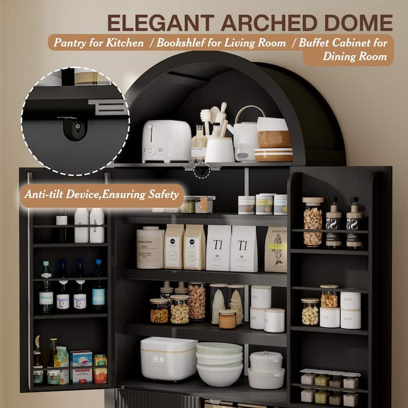 BOSSIN 71" Arched Fluted Door Pantry Cabinet, 9-Shelf Storage Organizer for Kitchen,Bathroom,Natural Wood Finish