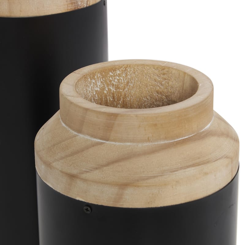 Wood Colorblock Decorative Vase with Light Brown Wood Tops - Set of 2 Black - Roche River Decor