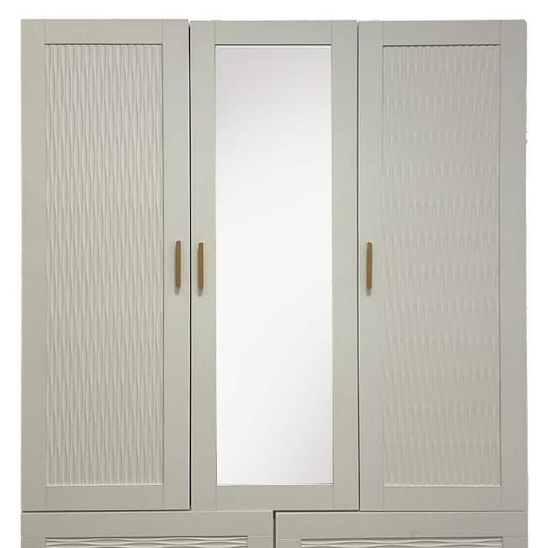 HomeRoots 75" White Ribbed Texture Wood Mirrored Three Door Four Drawer Combo Dresser