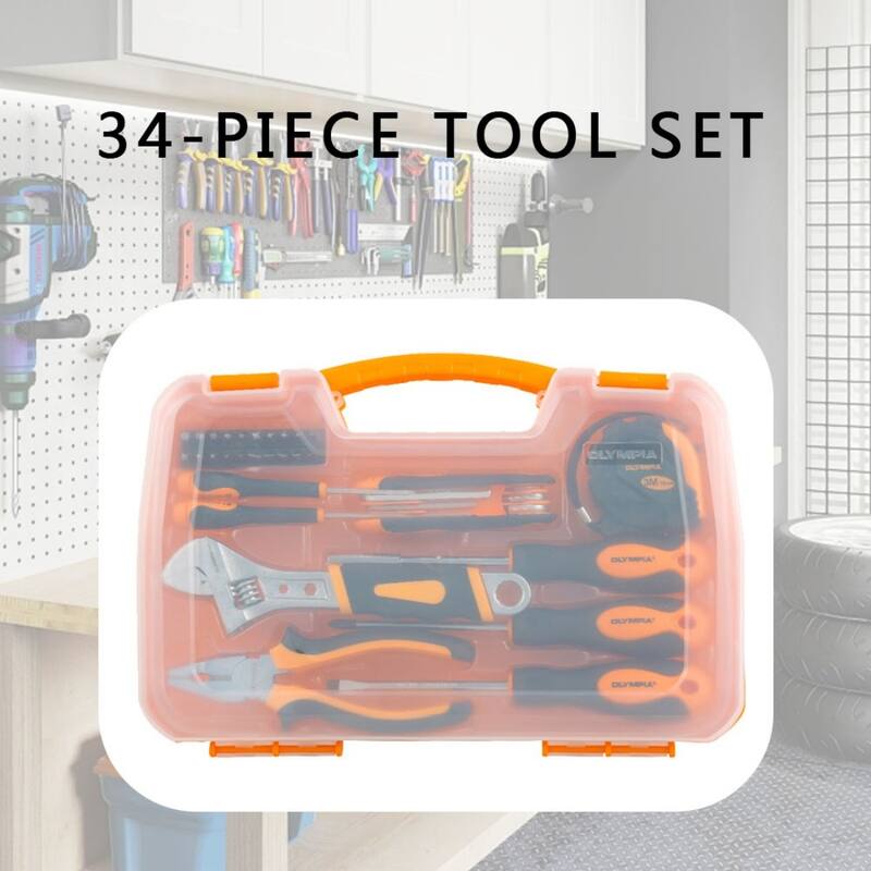 34-piece Household Tool Set With Durable Metal Case - Includes Hammer, Wrench, Screwdriver